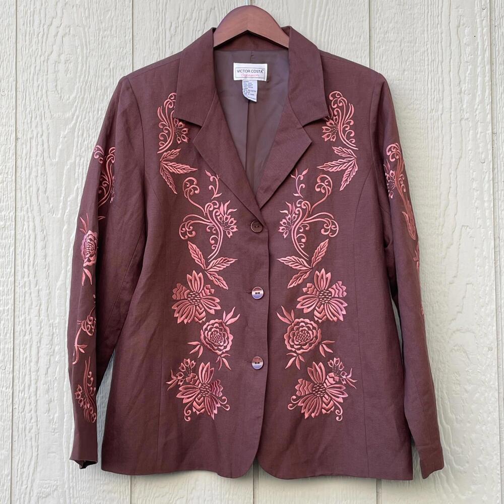 Victor Costa Occasion Blazer Jacket Womens Large‎ Brown Embroidered Linen Blend